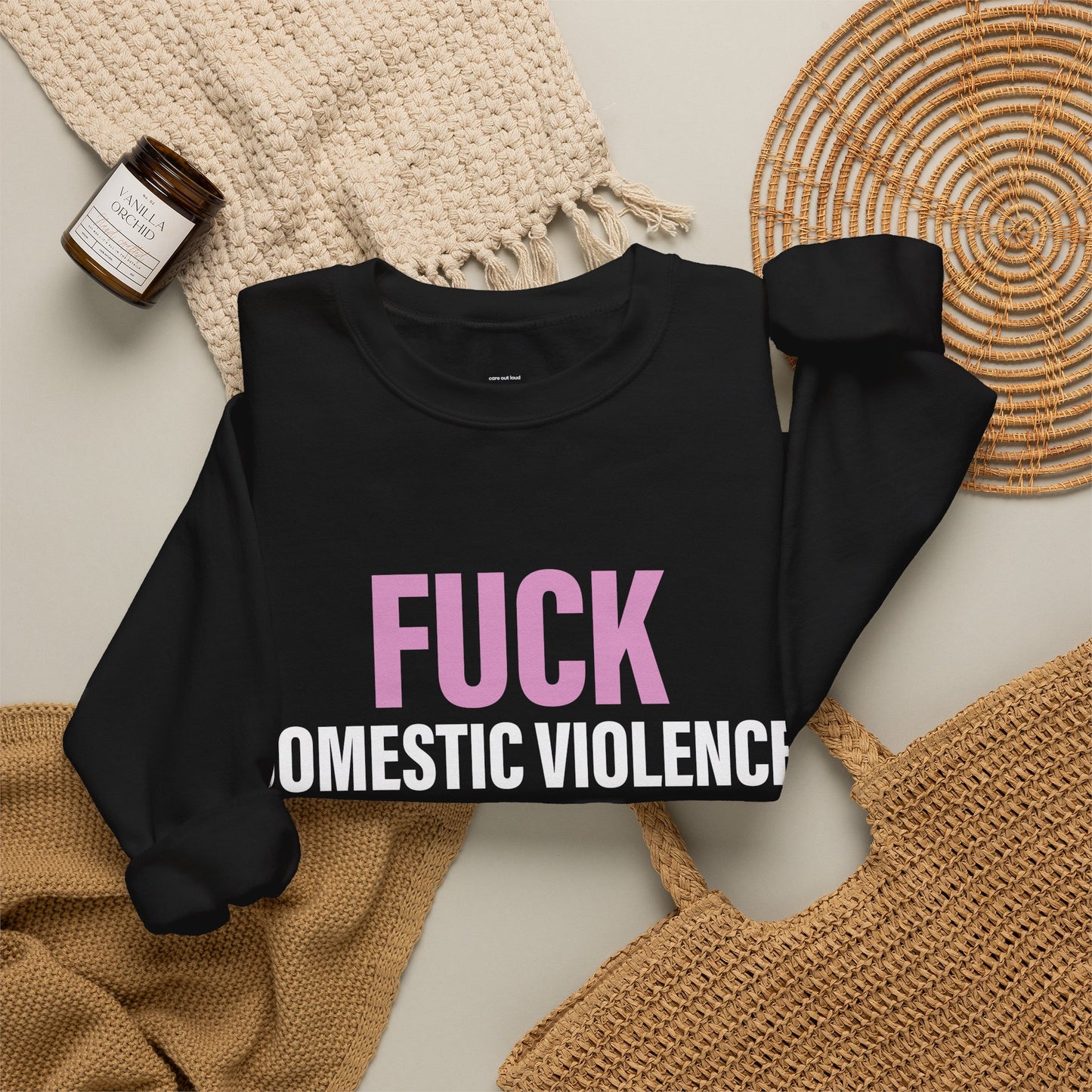 Crewneck Sweatshirt — “Fuck Domestic Violence” Awareness Sweatshirt (We Give a Fuck, QR Support)