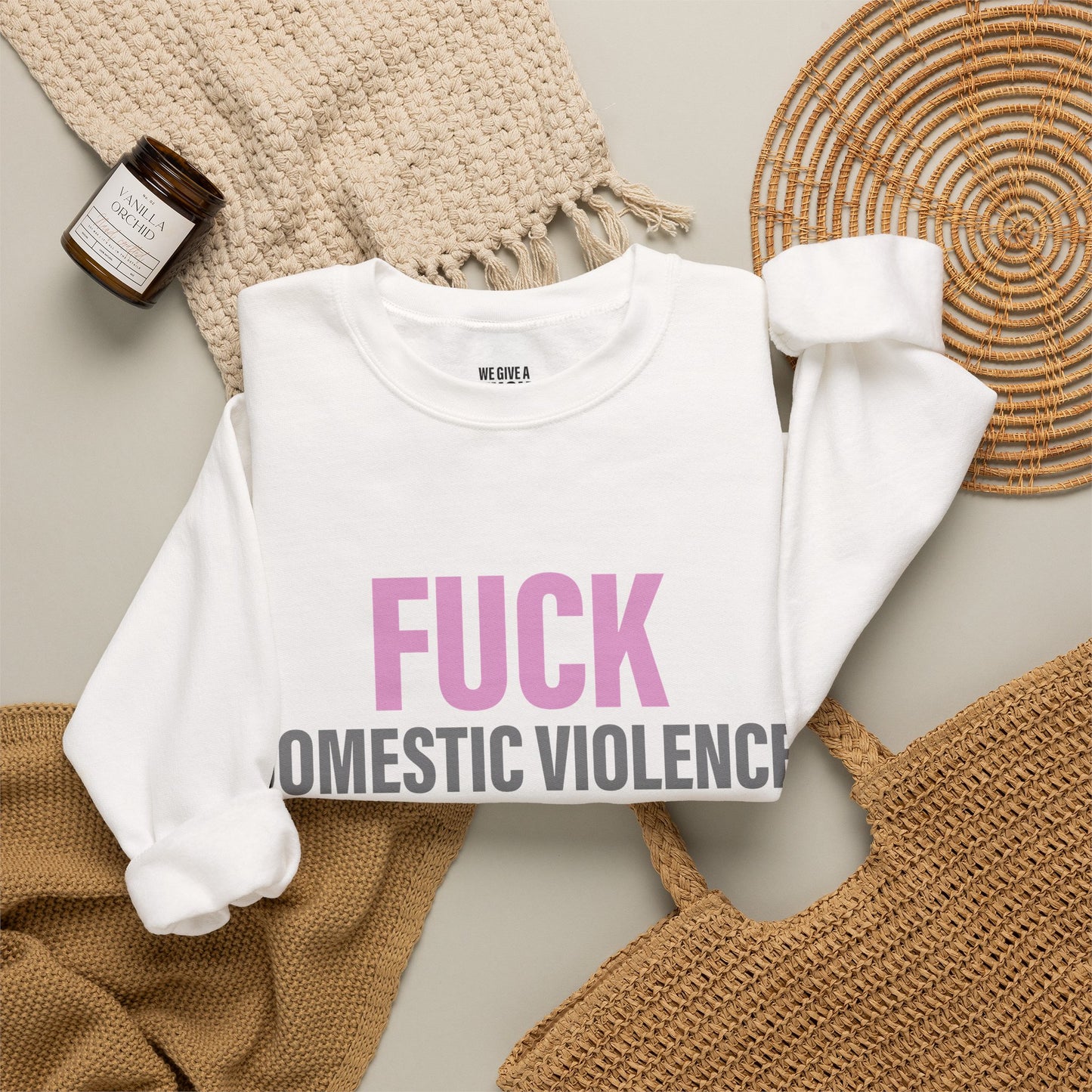 Crewneck Sweatshirt — “Fuck Domestic Violence” Awareness Sweatshirt (We Give a Fuck, QR Support)